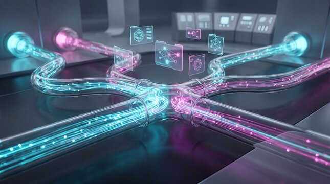 Futuristic network pipes glowing with data flows, representing advanced technology and connectivity.