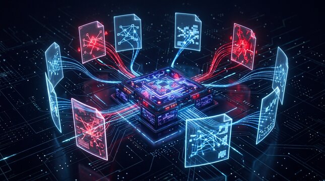 Futuristic technology scene showcasing data processing with vibrant colors and dynamic graphics.