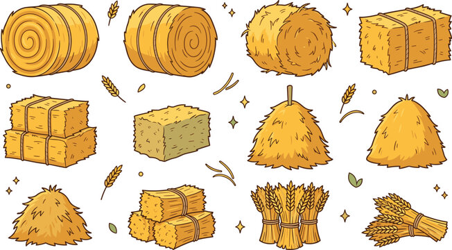 Hay Bale and Wheat Sheaf Vector Set Featuring Agricultural Straw Bundles Haystacks and Harvest Grain Elements for Countryside Farm Graphic Designs