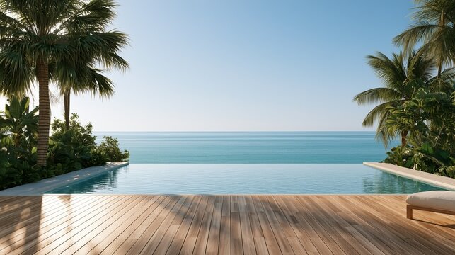 ウッドデッキから広がる紺碧の海とインフィニティプールのある贅沢なリゾート風景
