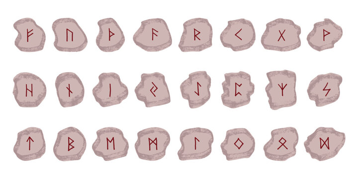 Set of hand drawn viking runes Rune stones with ancient norse alphabet characters engraved on them Scandinavian futhark germanic celtic Single element for design, print, web, decor