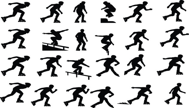 Inline Skating and Rollerblading Silhouettes Set of Speed Skaters and Aggressive Street Stunt Riders