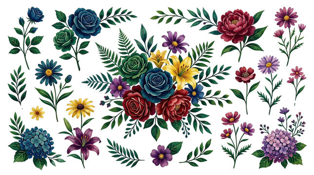 Colorful Floral Bouquet Arrangement with Blue Red and Yellow Roses and Green Foliage
