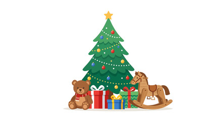 Naklejka premium Cheerful Christmas tree with stacked gifts, a teddy bear, and a classic rocking horse, representing holiday spirit and childhood magic, ideal for seasonal greetings, kids' party designs, and festive