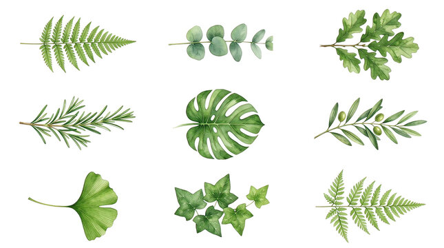 Fresh Green Leaves and Sprigs Arrangement on White