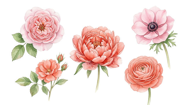 Soft pink Peonies and Roses Watercolor Floral Arrangement