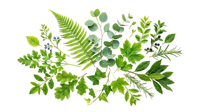 Fresh Green Leaves and Ferns Arrangement on White Background