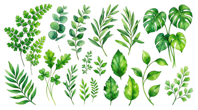 Fresh Green Herb Sprigs Array with Various Leaf Shapes