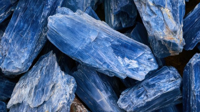 Blue kyanite blades are placed on a smooth mineral background, showing off their pearly shine with lots of clear space around them.
