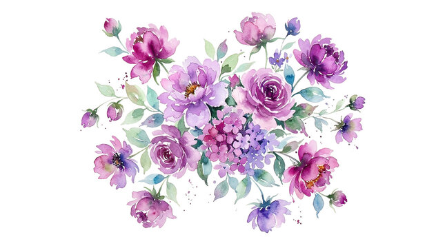 Vibrant Watercolor Bouquet of Pink Purple Flowers
