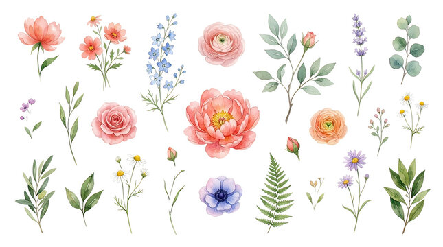 Colorful Watercolor Flowers Collection with Soft Pink Red Orange and Green Palette