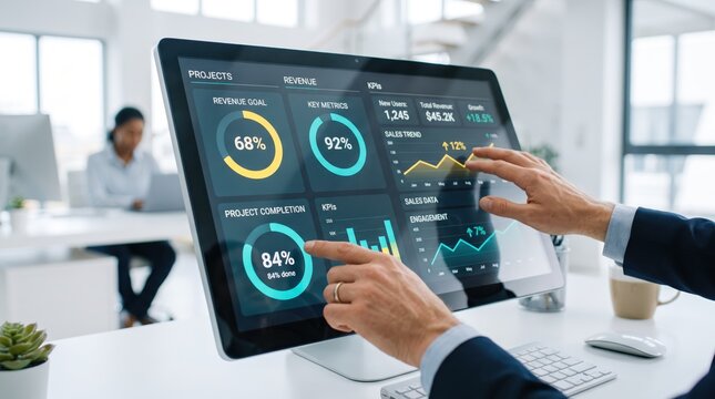 Business executive touching large touchscreen monitor displaying interactive dashboard with KPIs, revenue growth charts, and project completion metrics, data visualization