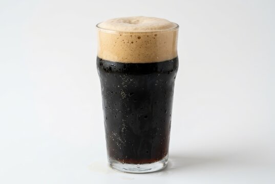 Cold Glass of Dark Stout Beer with Thick Creamy Foam Head Isolated on White Background for Commercial Use