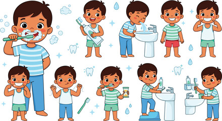 Fototapeta premium Cute Boy Teeth Brushing Character Vector Set with Little Kid Cleaning Mouth Flossing and Rinsing for Dental Care Hygiene Education Illustrations