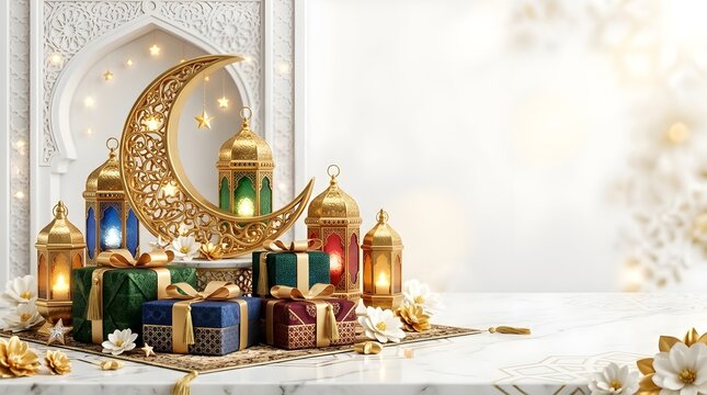 Golden Crescent Moon with Islamic Lanterns and Wrapped Gift Boxes on White Marble Table Stock Photo