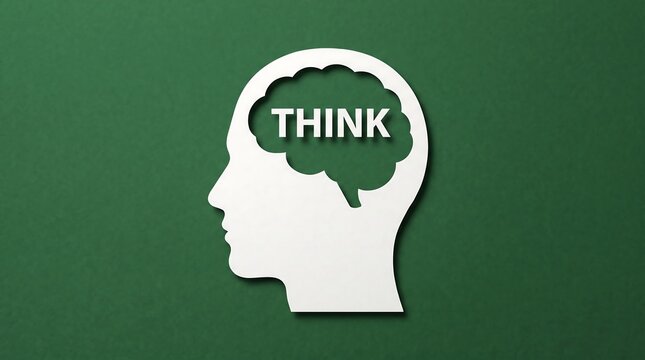 Human head silhouette with brain cutout and think text on green background