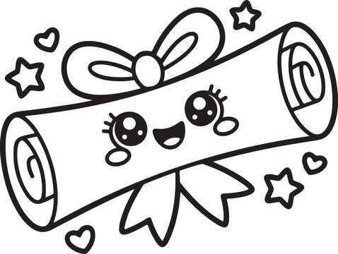 Cute kawaii diploma coloring page with a happy cartoon scroll tied with a ribbon bow, surrounded by stars and hearts, vector illustration for kids