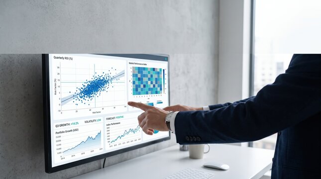 Professional man pointing at large computer monitor displaying complex financial data, scatter plots, and heat maps, stock market analysis, portfolio management