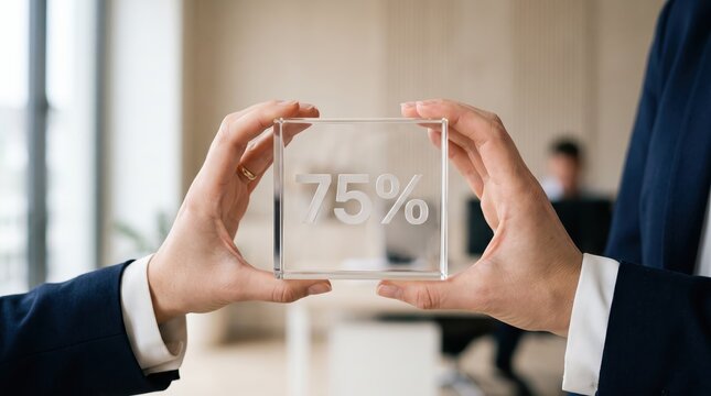 Two business people holding transparent glass block engraved with seventy five percent text symbolizing achievement target milestone completion rate investment return or discount
