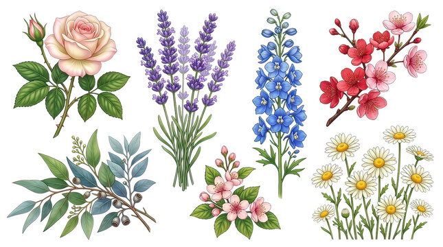 Colorful Flower Bundles In Arow On White