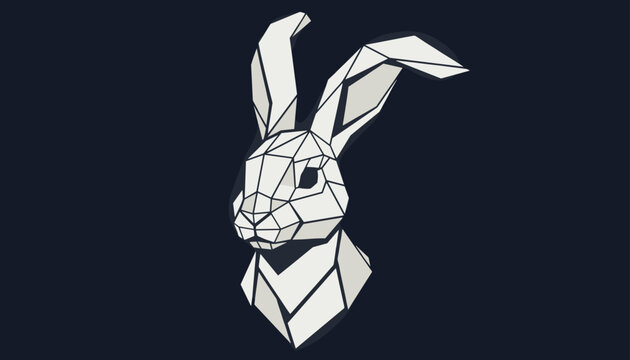 Modern low poly geometric vector illustration of a white rabbit head with sharp edges on a dark blue background.