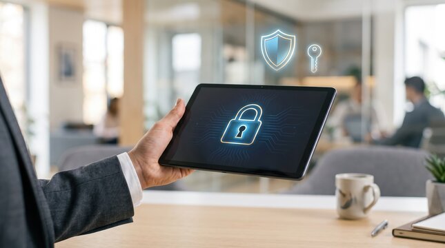 Hand holding tablet computer showing glowing padlock and shield icons representing cyber security and data protection, business technology, safe internet browsing