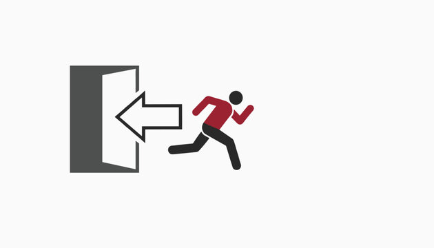 Emergency exit sign design with a red and black stick figure running towards a door with a white arrow inside.