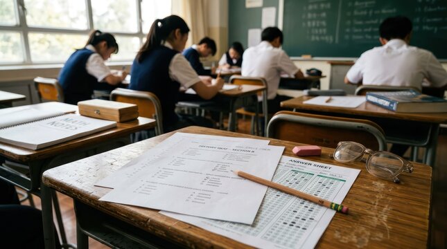 Students diligently taking notes in a Japanese classroom setting during a lesson.