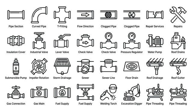 Piping and plumbing icons with pipe section curved pipe t-fitting flow direction clogged pipe repair services and more.