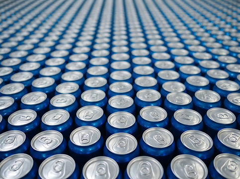 Rows of blue aluminum beverage cans arranged in a grid pattern