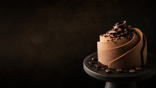 Elegant individual chocolate mousse cake with chocolate curls and coffee beans on a dark stand with moody background