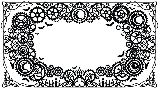 Halloween Steampunk gothic border with mechanical gears and bats. Ornate victorian frame for halloween invitations. Industrial clockwork vector illustration. Editable Halloween EPS