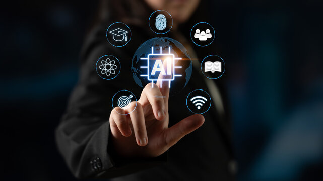 Business professional interacting with futuristic icons representing technology, education, health, and communication in a digital world. Entropy.