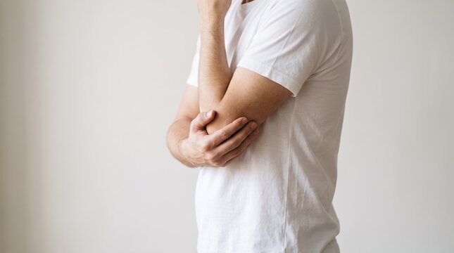 Man holding elbow in pain, suffering from joint injury or arthritis, experiencing discomfort and inflammation in arm, medical of body ache, healthcare, physiotherapy treatment