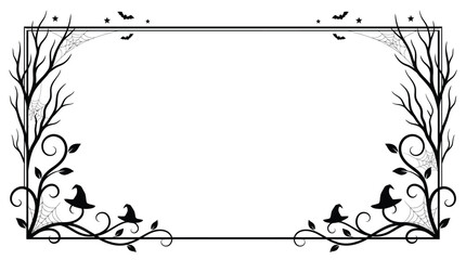 Fototapeta premium Halloween Spooky border with creepy bare trees and bats, decorative black frame with witch hats and spider webs, gothic floral vector Editable Halloween EPS