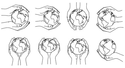 Fototapeta premium Set of human hands holding planet Earth globe icons in line art style