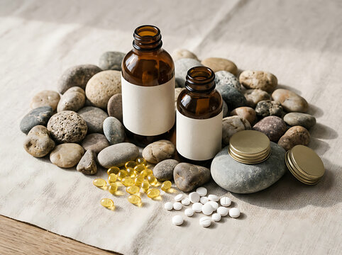Amber glass bottles with blank labels surrounded by smooth river stones and assorted pills on a textured fabric surface
