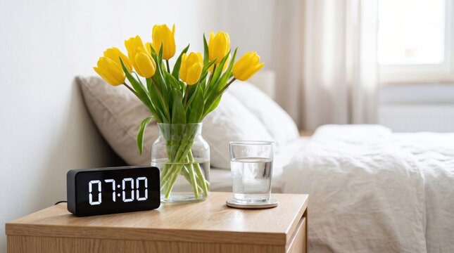 A cozy bedroom scene with a wooden bedside table holding a digital alarm clock, a glass of water, and a vase of vibrant yellow tulips.