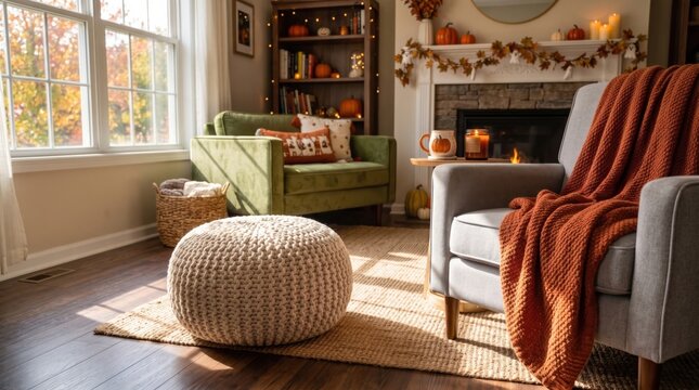 Cozy living room with autumn decor, featuring a knitted pouf, green sofa, gray armchair with orange throw, and a fireplace adorned with candles and fall leaves.