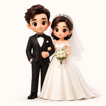 Cute cartoon bride and groom wedding couple doll figures dressed in elegant bridal gown and tuxedo illustration.