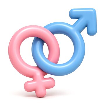Interlocked male and female gender symbols in blue and pink rendered for equality and romantic relationship concepts.