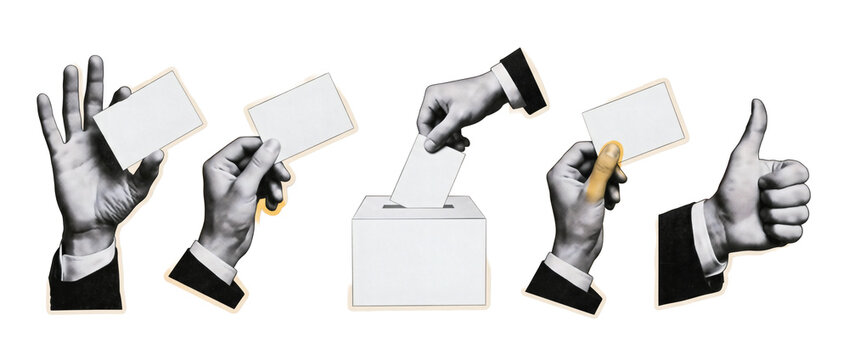 Vintage collage of hands casting blank ballots into a voting box with thumbs up for election participation and democratic choice on a transparent background, with paper texture, high resolution.