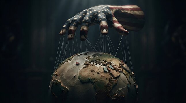 Giant hand controlling planet Earth like a puppet with strings in dark conceptual art
