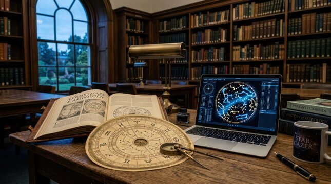 Vintage Library Desk with Antique Astrolabe and Modern Laptop Displaying Globe.