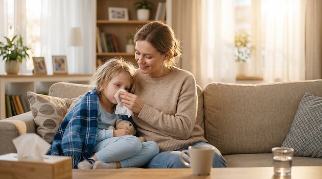 Mother Wiping Child Nose with Tissue Caring for Sick Little Boy Sitting on Sofa at Home Living Room