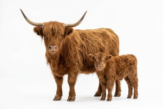 Highland Cow with Cute Calf Isolated on White Background - Scottish Cattle Mother and Baby Portrait