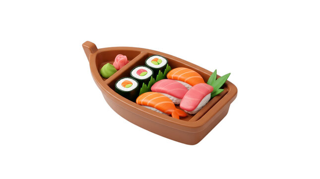Delicious sushi boat set illustration, Japanese seafood bento dish with rolls and toppings, 3D render, appetizing meal concept isolated on Transparent Background