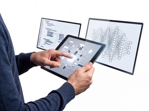 Professional interacting with advanced AI systems and complex data models on a digital tablet, showcasing modern software development and neural network validation processes