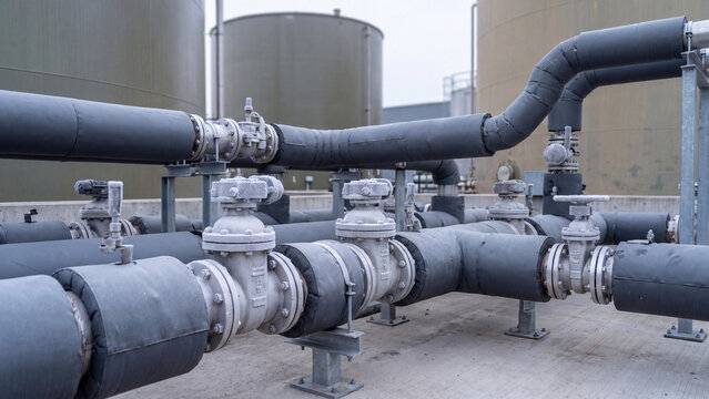 Industrial pipeline system with valves and storage tanks, insulated metal pipes and flanges at oil, gas and petroleum refinery for energy processing, industry and engineering infrastructure