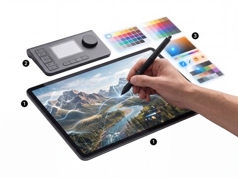 Professional graphic design tablet with stylus pen and shortcut console for creative digital art editing and illustration on white background